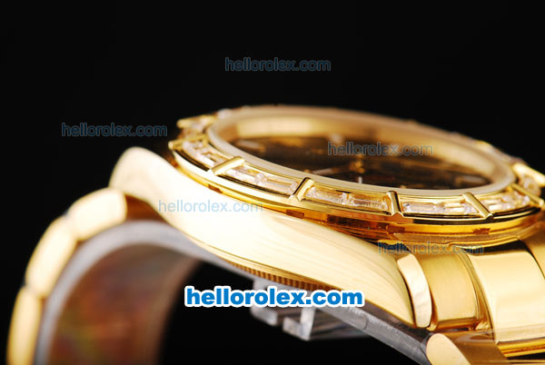 Rolex Daytona Chronograph Miyota Quartz Movement Full Gold with Diamond Bezel and Black Dial-White Markers - Click Image to Close